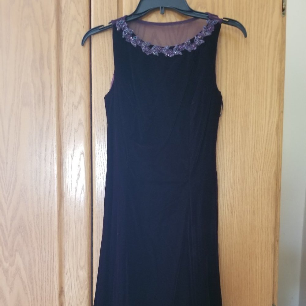 Long purple dress with sequin neckline